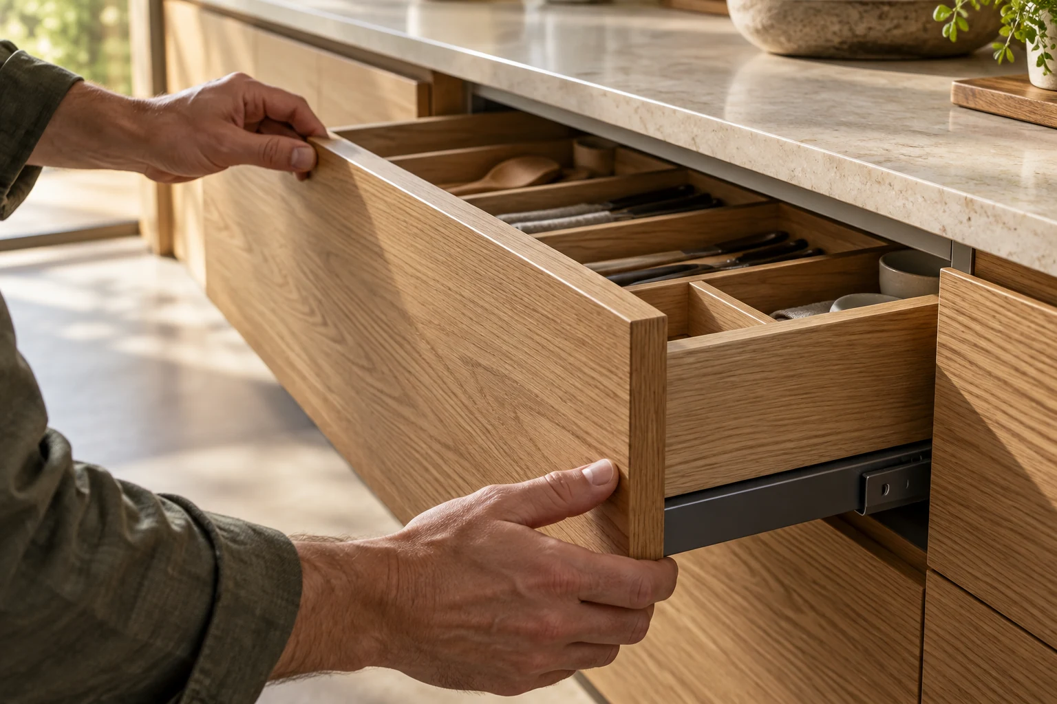 Detalle de manos ajustando un cajón de roble con divisores interiores