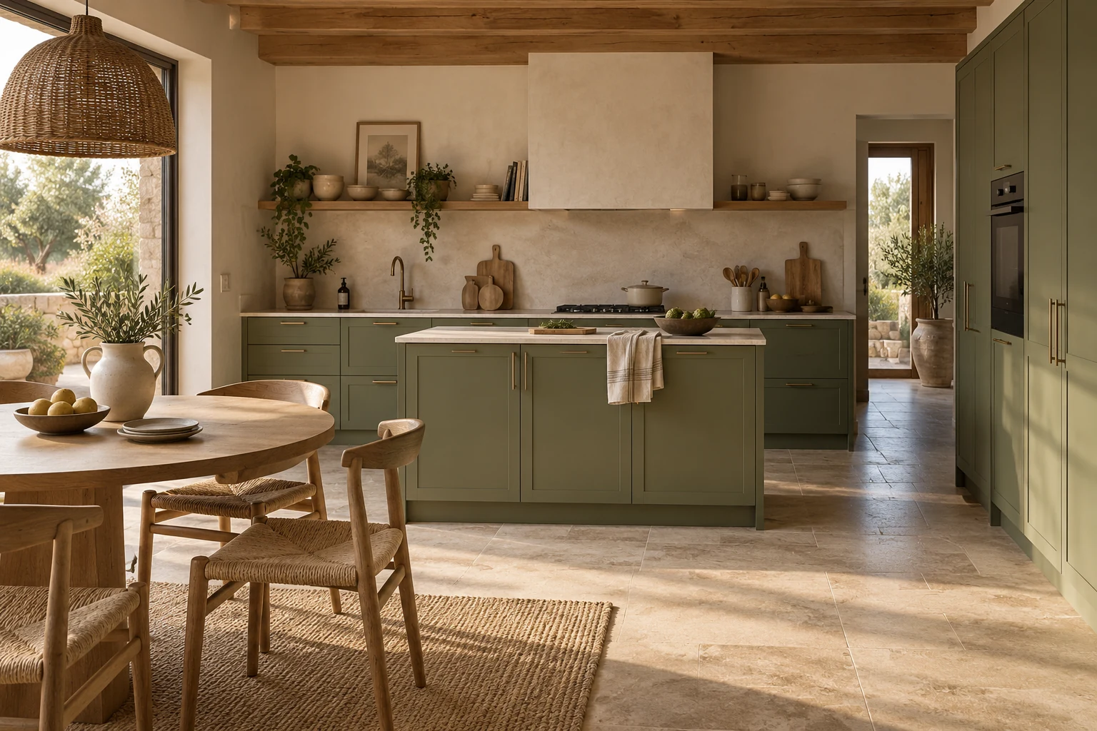 Ambiente de inspiración: cocina verde oliva con mesa de madera para compartir